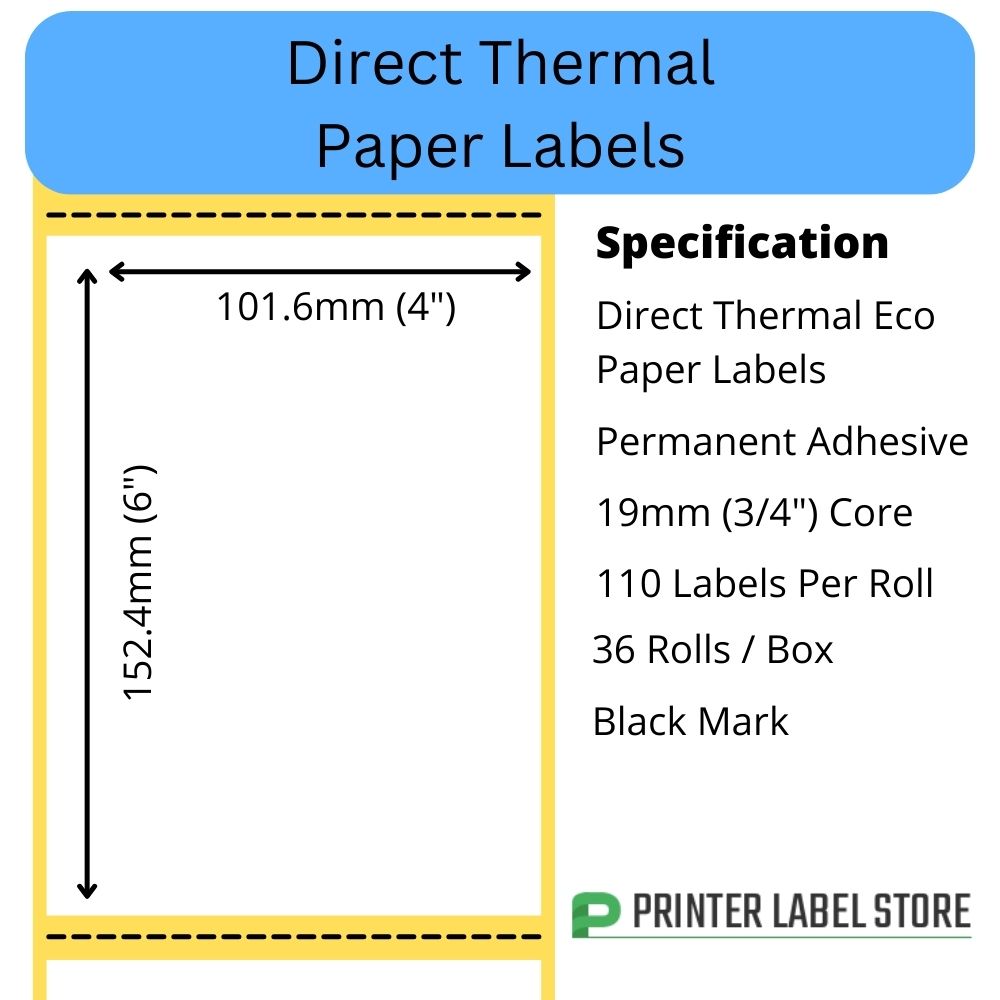 4 x 6" mobile printer labels.  Direct Thermal with perforation and permanent adhesive. Black mark for registration. 19mm core, 110 labels per roll and 36 rolls per box