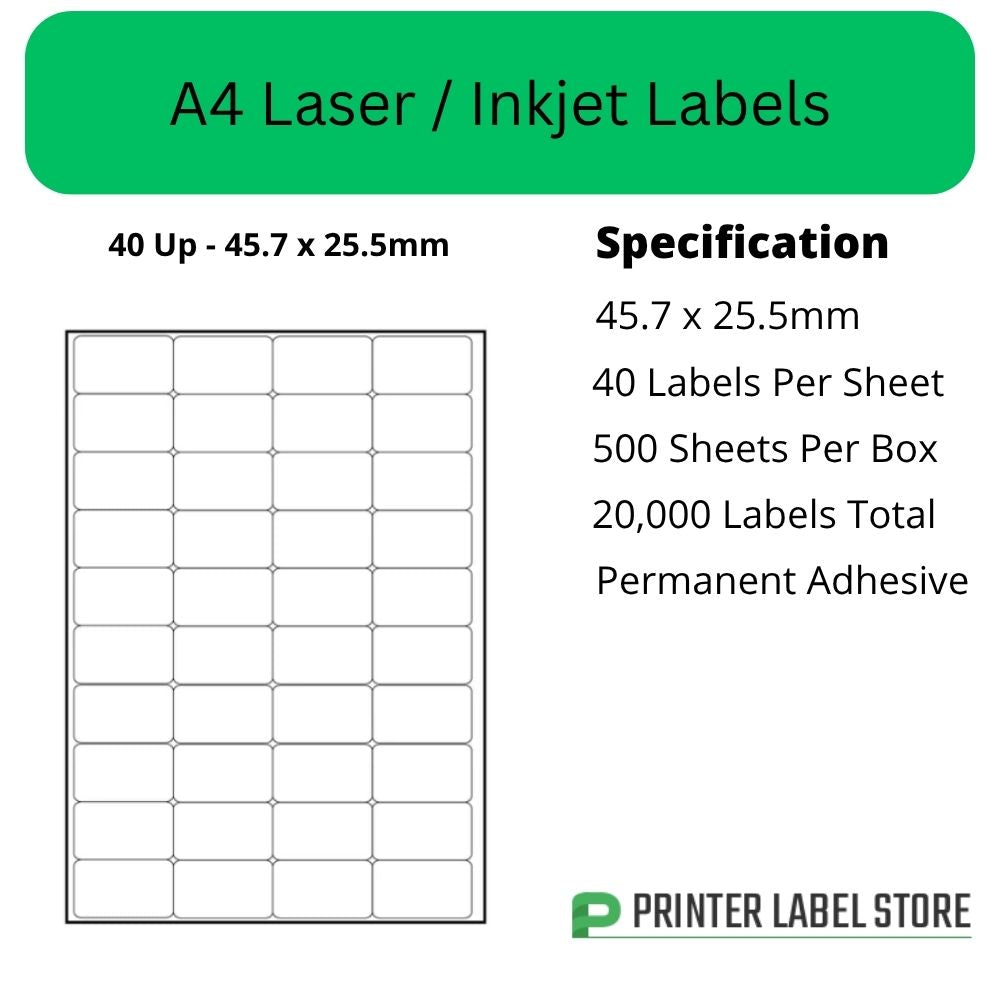 45.7 x 25.5mm - A4 Labels 40 Labels Per Sheet - 500 Sheets Per Box