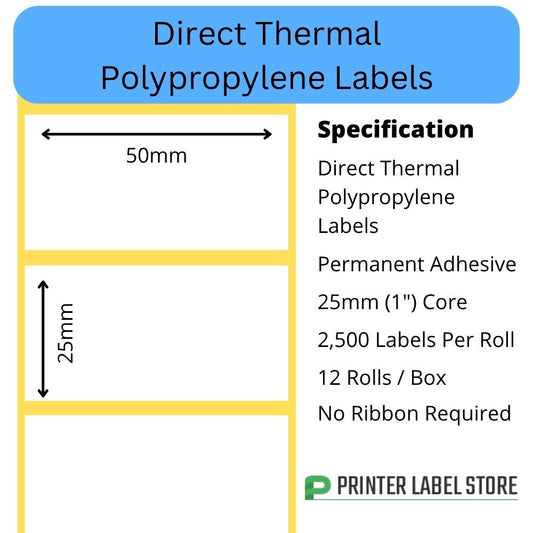 50 x 25mm Direct Thermal Polypropylene Labels - 25mm core - for desktop direct thermal label printers
