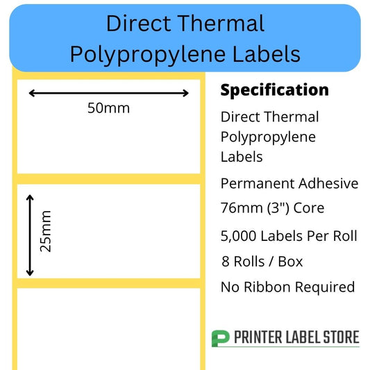 50 x 25mm Direct Thermal Polypropylene Labels - 50 x 25mm PP Labels - 76mm core - Industrial Label Printers