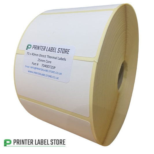 70 x 40mm direct thermal labels on  a  25mm (1") core  for desktop label printers
