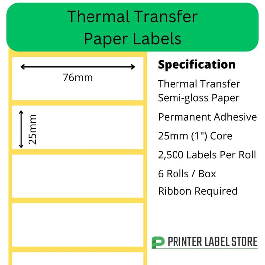 76 x 25mm Thermal Transfer Labels - Semi-Gloss Paper - 25mm core - permanent adhesive 