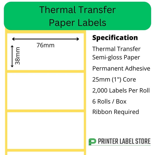76 x 38mm Thermal Transfer Labels - Semi-Gloss Paper - 25mm core - permanent adhesive 