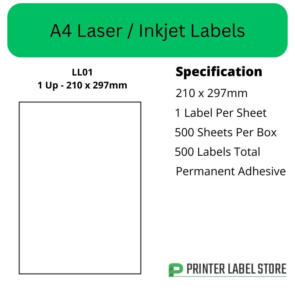 210 x 297mm - IJLL01 A4 Labels, 1 Label Per Sheet - Inkjet / Laser Printer Labels & Copiers