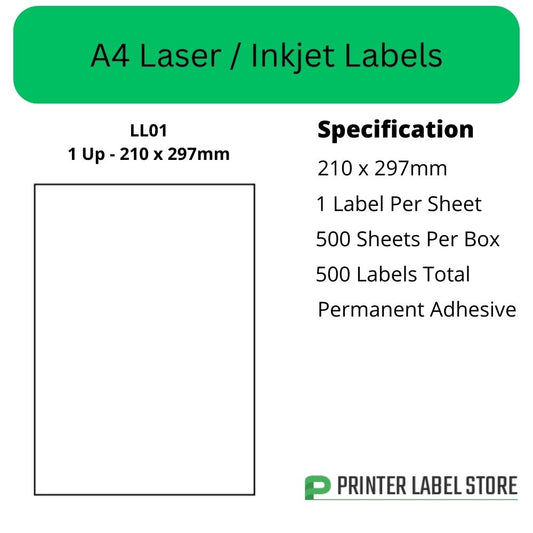 210 x 297mm - IJLL01 A4 Labels, 1 Label Per Sheet - Inkjet / Laser Printer Labels & Copiers