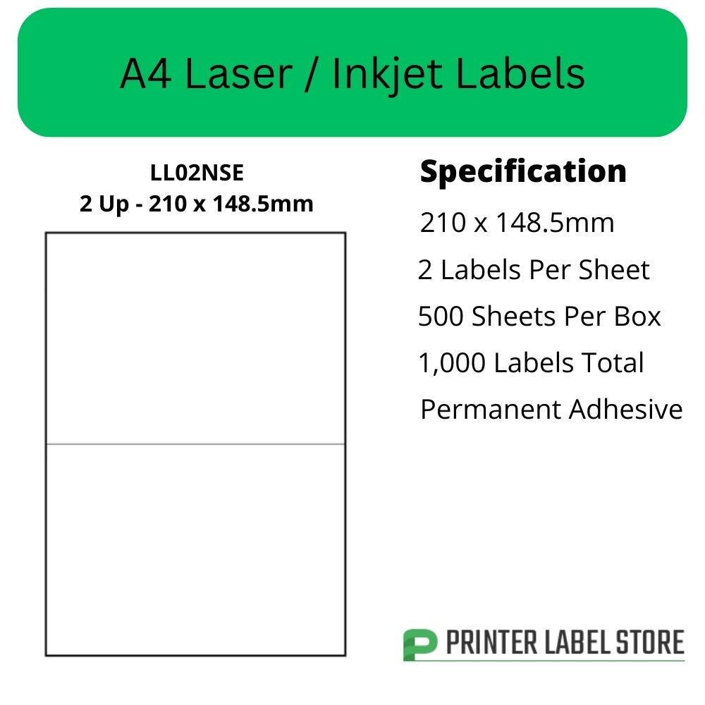 210 x 148.5mm -I JLL02NSE A4 Labels, 2 Labels Per Sheet - Inkjet / Laser Printer Labels & Copiers
