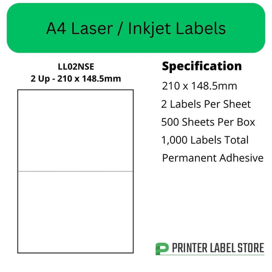 210 x 148.5mm -I JLL02NSE A4 Labels, 2 Labels Per Sheet - Inkjet / Laser Printer Labels & Copiers