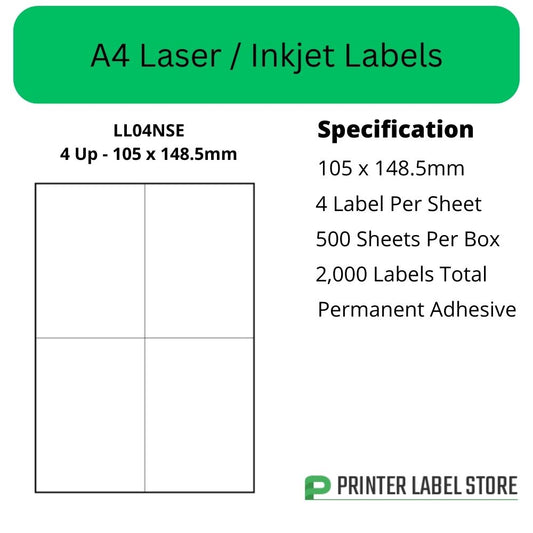 105 x 148mm - IJLL04NSE A4 Labels, 4 Labels Per Sheet - Inkjet / Laser Printer Labels & Copiers
