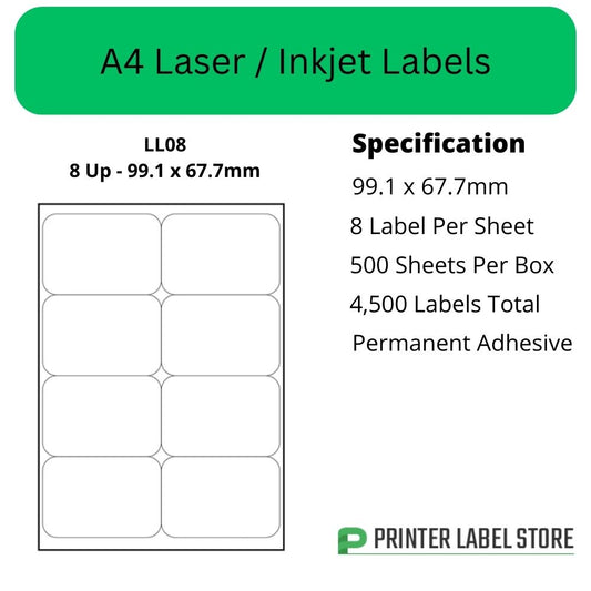 99.1 x 67.7mm - IJLL08 A4 Labels, 8 Labels Per Sheet - Inkjet / Laser Printer Labels & Copiers