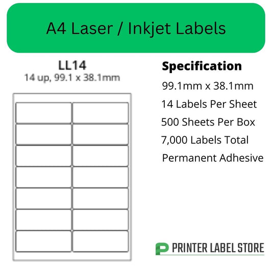 99.1 x 38.1mm - IJLL14 A4 Labels 14 Labels Per Sheet - Inkjet / Laser Labels