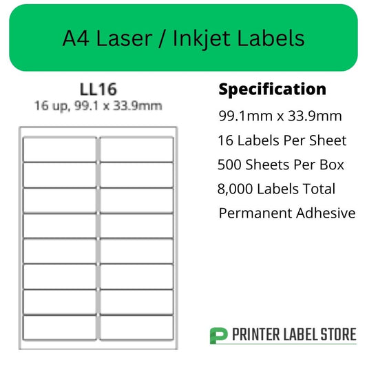 99.1 x 33.9mm - IJLL16 A4 Labels 16 Labels Per Sheet - Inkjet / Laser Labels