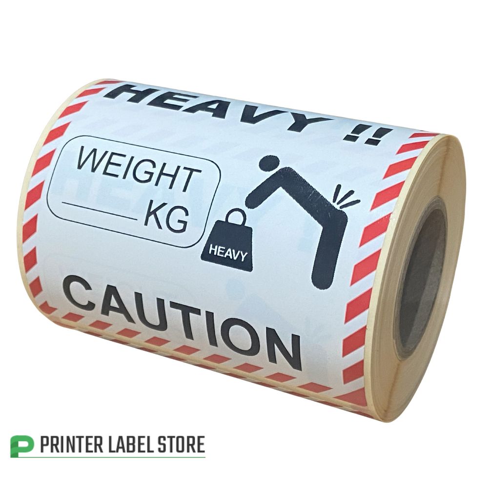 'Heavy' and 'Caution' label - 100 x 100mm - printed black & red