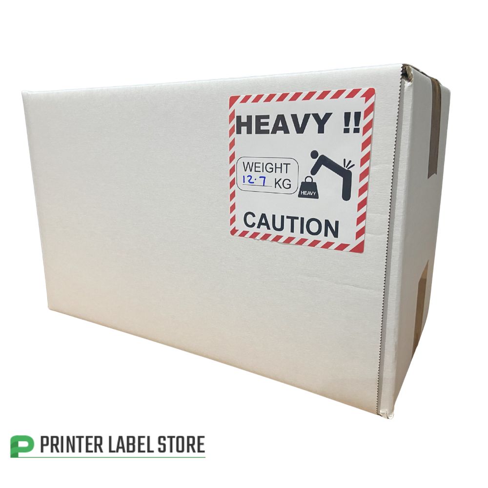 Cardboard box with a 'Heavy' and 'Caution' label - 100 x 100mm - printed black & red