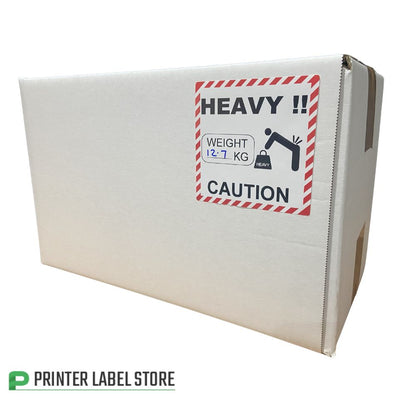 Cardboard box with a 'Heavy' and 'Caution' label - 100 x 100mm - printed black & red
