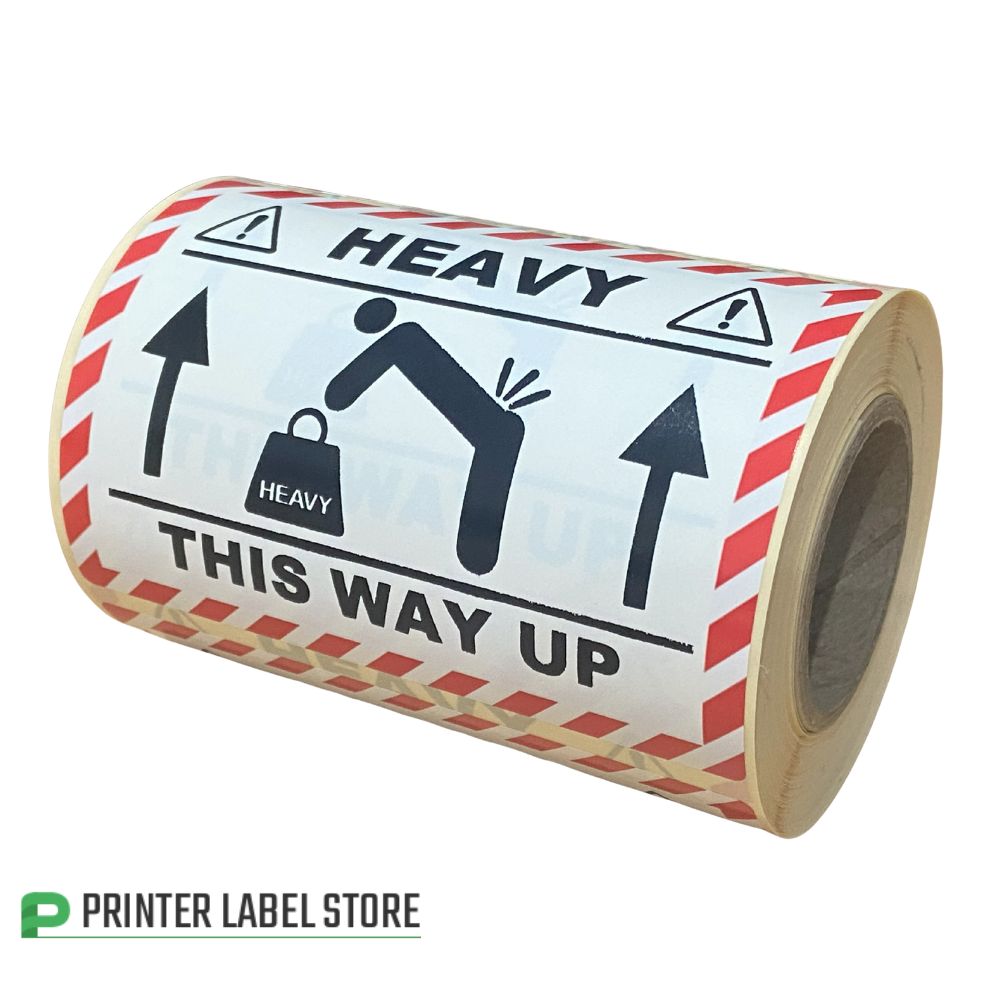 Roll of labels with 'Heavy' and 'This Way Up' text and symbols - 100 x 75mm - printed black & red