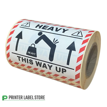 Roll of labels with 'Heavy' and 'This Way Up' text and symbols - 100 x 75mm - printed black & red