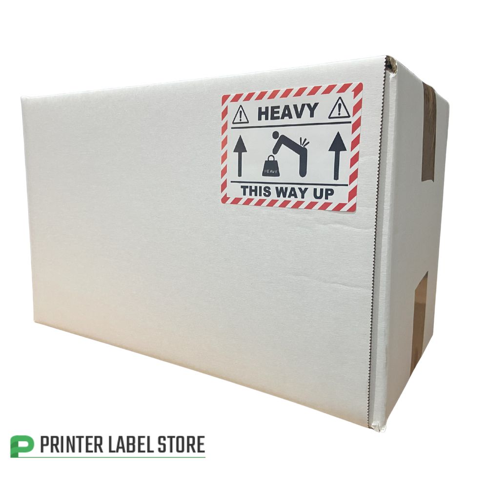 Cardboard box with a 'Heavy' and 'This Way Up' label - 100 x 75mm - printed black & red