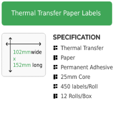 102mm x 152mm Thermal Transfer Labels, Permanent Adhesive on a 25mm core, 12 rolls, 450 labels per roll