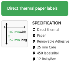 102mm x 152mm Direct Thermal Labels, Removable Adhesive on a 25mm core, 12 rolls , 450 labels per roll