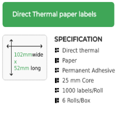 102mm x 52mm Direct Thermal Labels, Permanent Adhesive on a 25mm core, 6 rolls, 1000 labels per roll
